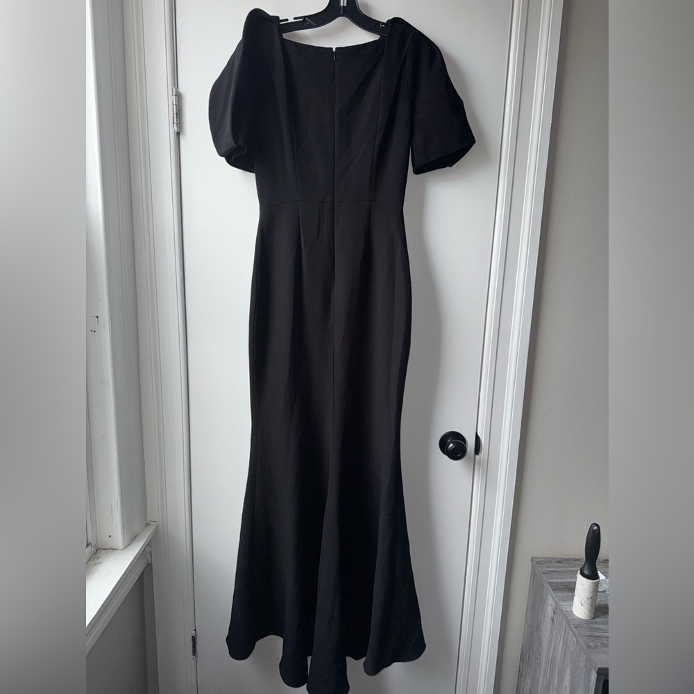 Badgley Mischka Gathered Crepe Black V-Neck Maxi Gown Statement Puff Sleeves - Picture 13 of 16